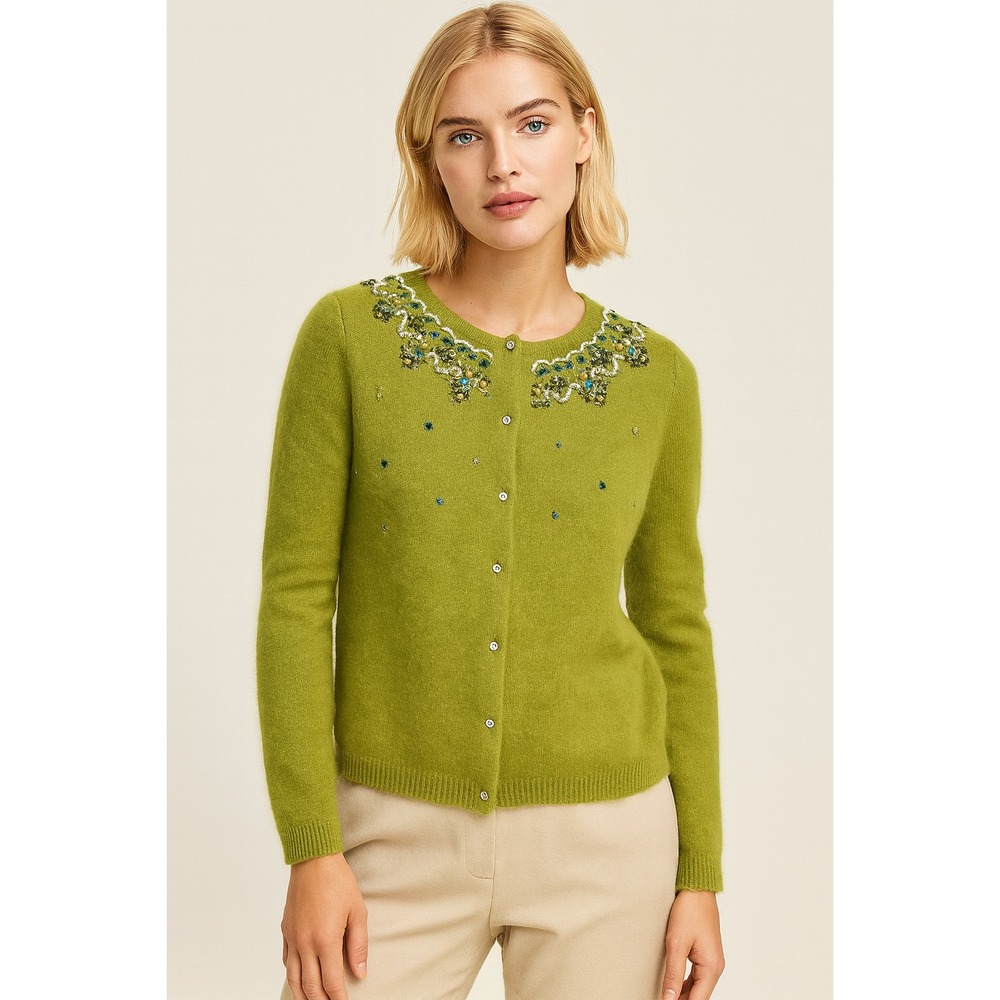 VTG‎ Dressbarn Women's S Beaded Embellished Lambswool Cardigan Sweater Green
